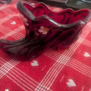 Fenton Ruby Red Shoes Painted Flowers Signed On The Bottom